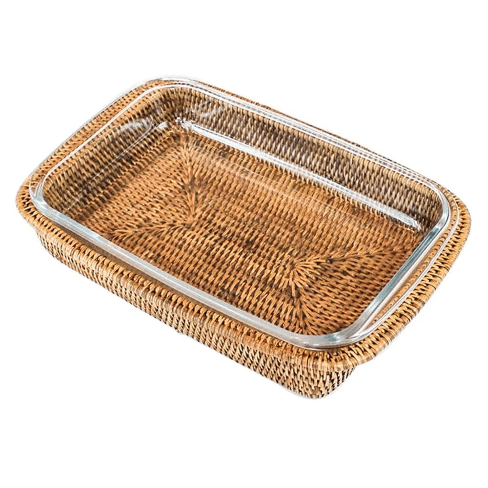 Travessa Refratária Maya Retangular Suporte Rattan 33X21x6.5Cm - Natural Home