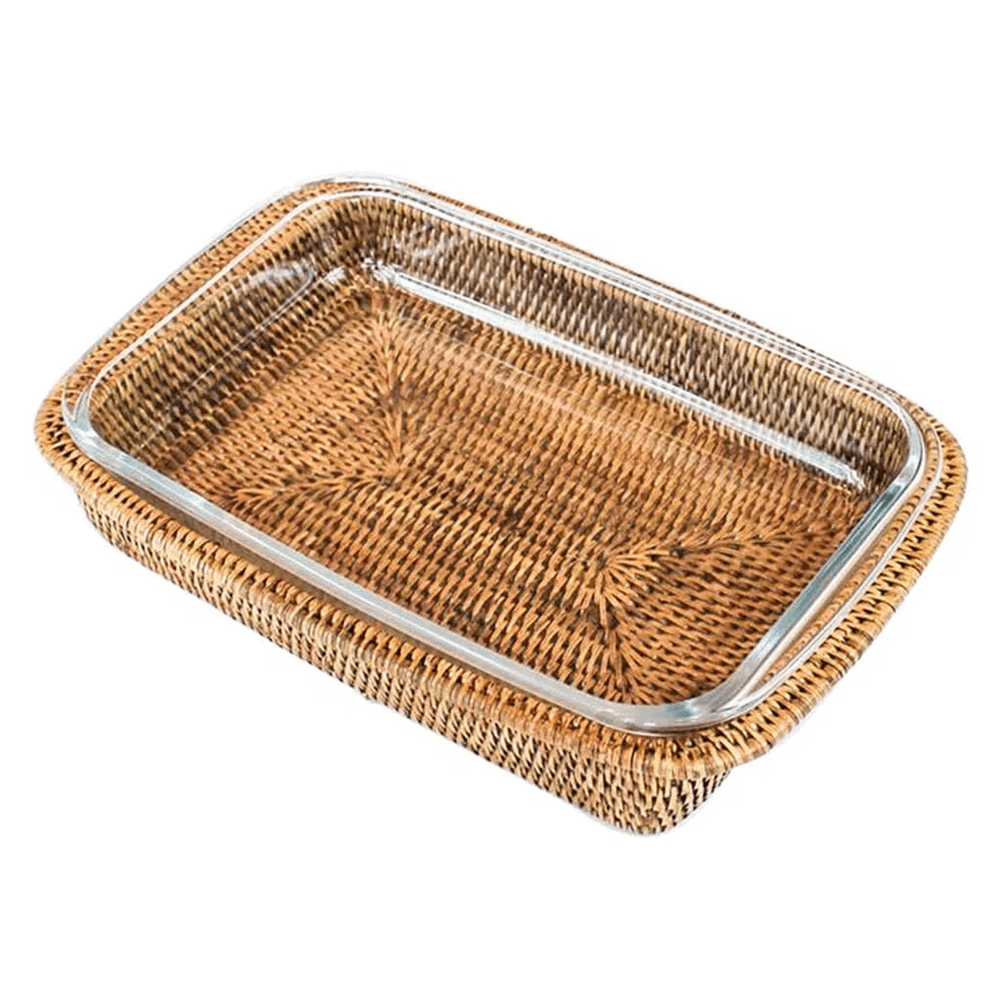 Travessa Refratária Maya Retangular Com Suporte Rattan 37X24.5X6.5Cm - Natural Home