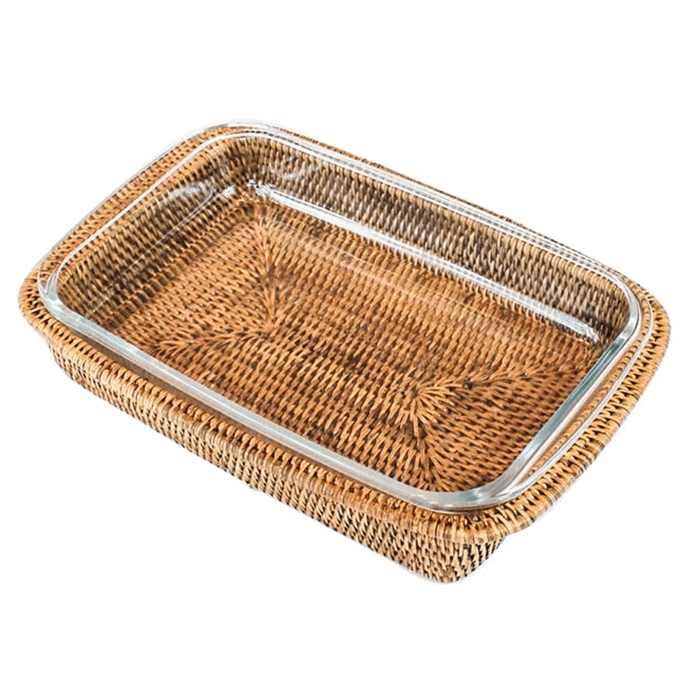 Travessa Refratária Maya Retangular Com Suporte Rattan 42.5X25.5X6.5Cm - Natural Home