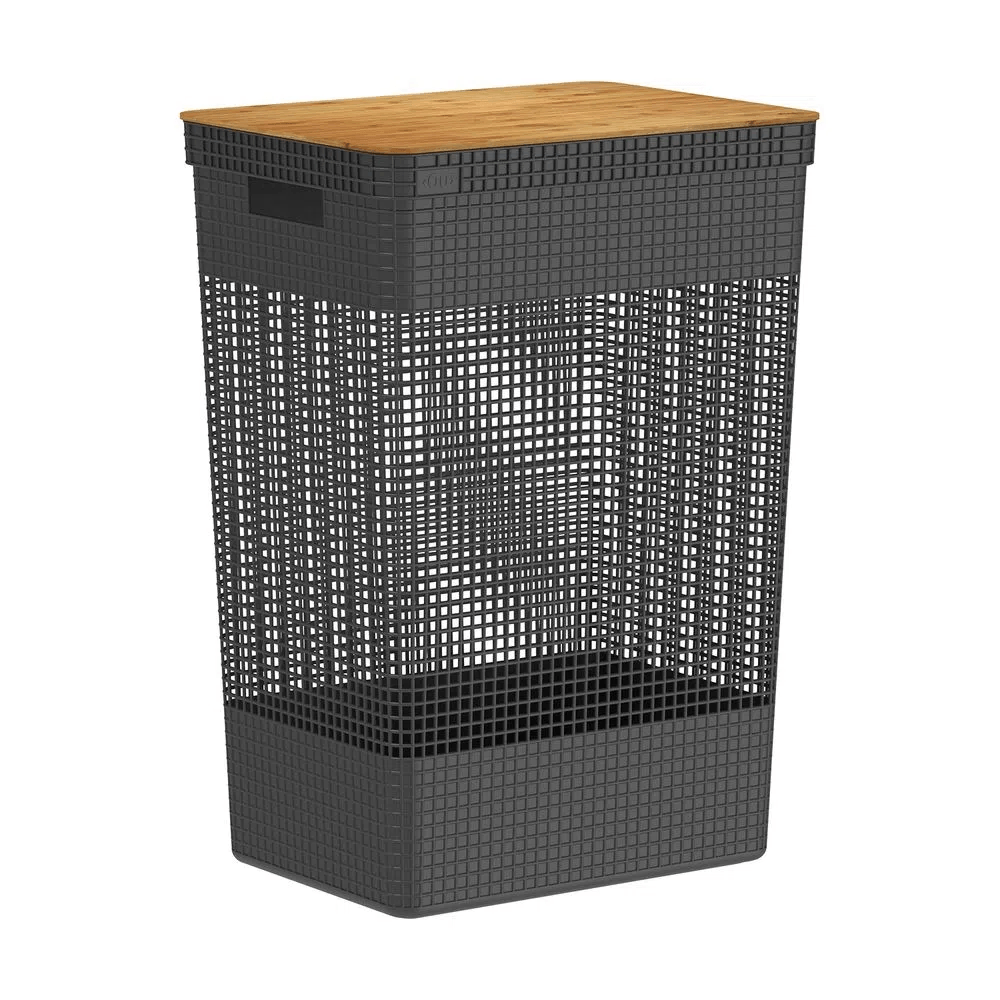 Cesto Organizador Grid Tampa De Bambu Preto 49 Litros 55.6X39x29cm - Ou